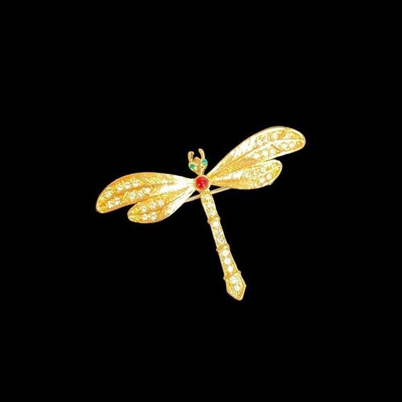 Gold-Tone Dragonfly Brooch With Sparkling Rhinestones & Red/Green Accents - Picture 2 of 5